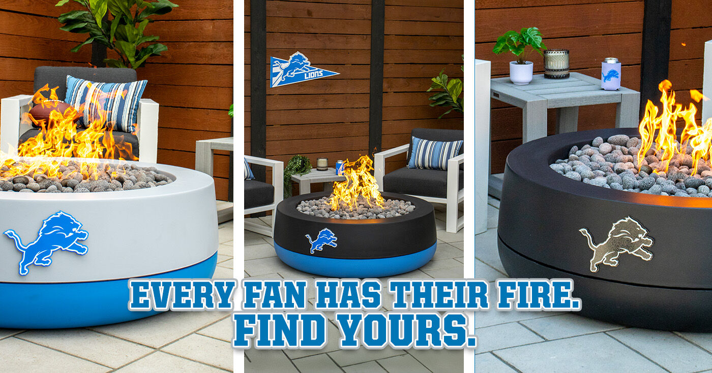 The limited-edition Lions Duo Gas Fire Pit in three exclusive Lions-theme color combinations
